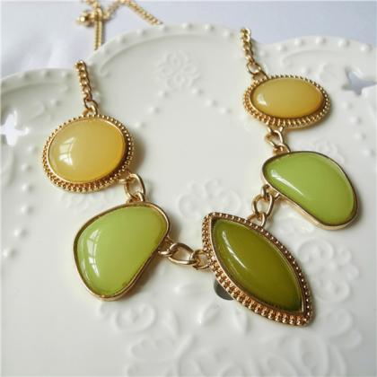 Green Bubble Bib Necklace With Earrings/ Gold Tone..