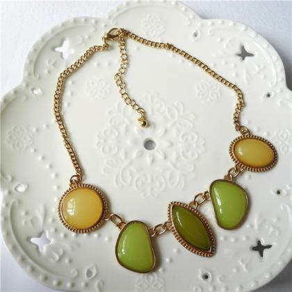 Green Bubble Bib Necklace With Earrings/ Gold Tone..
