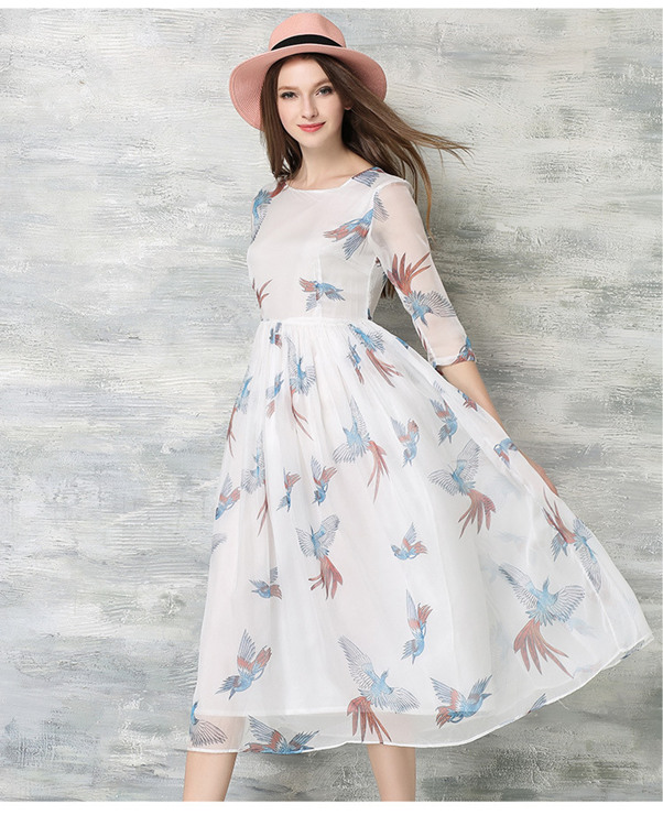 Bird Print White Chiffon Midi Dress on Luulla