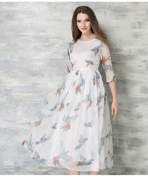 Bird Print White Chiffon Midi Dress on Luulla